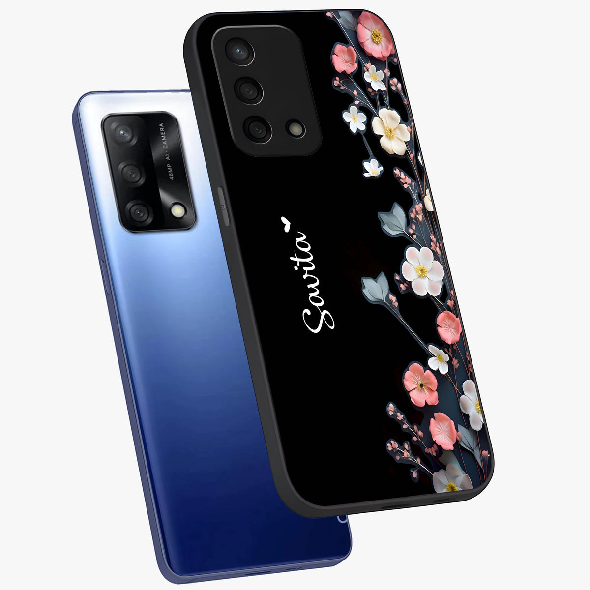 Black Elegance Floral Custom Name Glass Case displayed in angled mockup highlighting dark floral aesthetic and custom name feature.