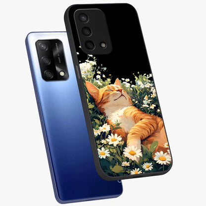 Blissful Bloom Cat Glass Case displayed in angled mockup highlighting playful feline illustration with soft floral aesthetic.