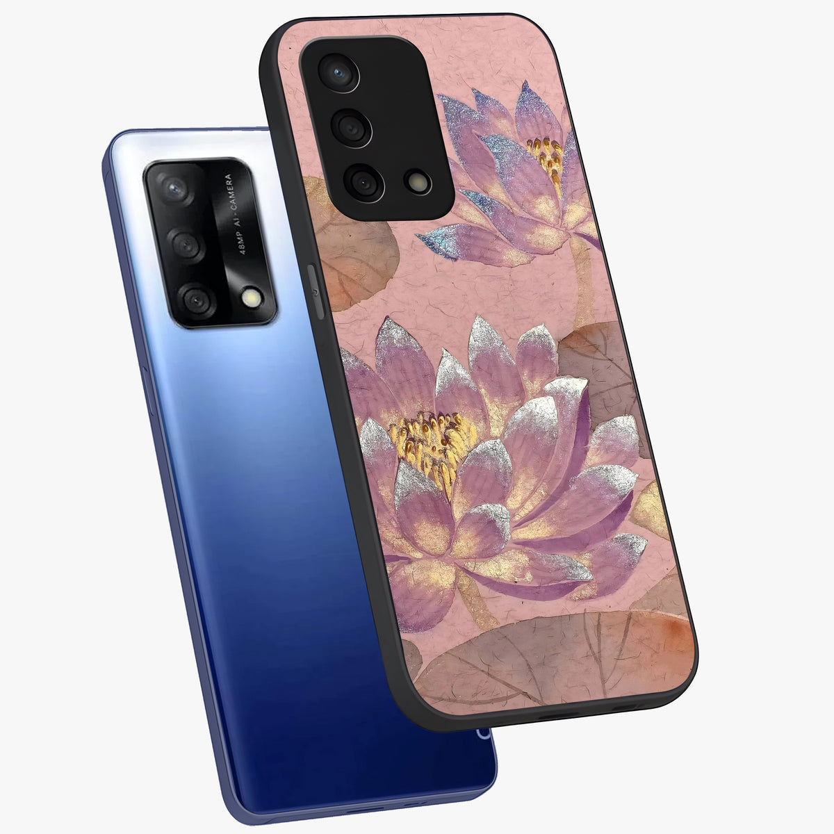 Blossom Mist Lotus Glass Case displayed in angled mockup highlighting delicate lotus illustration with calm aesthetic theme.