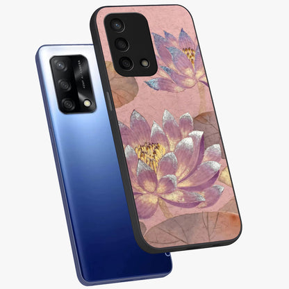 Blossom Mist Lotus Glass Case displayed in angled mockup highlighting delicate lotus illustration with calm aesthetic theme.