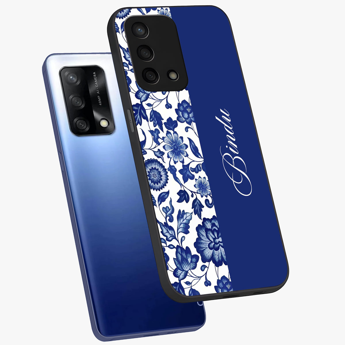 Blue Vintage Floral Pattern Glass Case displayed in angled mockup highlighting subtle bloom pattern with aesthetic pastel design.