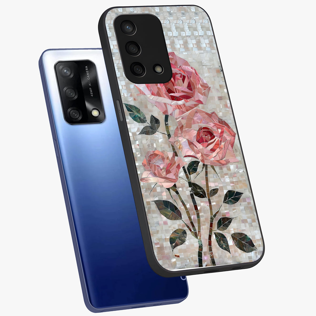 Blush Mosaic Bloom Glass Case displayed in angled mockup highlighting artistic mosaic flower pattern with aesthetic design.