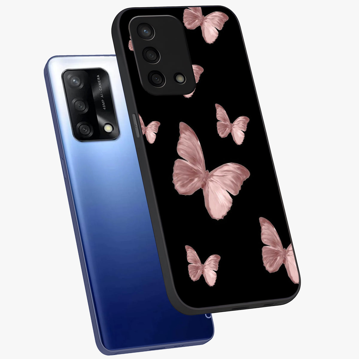Butterfly Pattern Glass Case displayed in angled mockup highlighting delicate butterfly design and aesthetic pattern style.