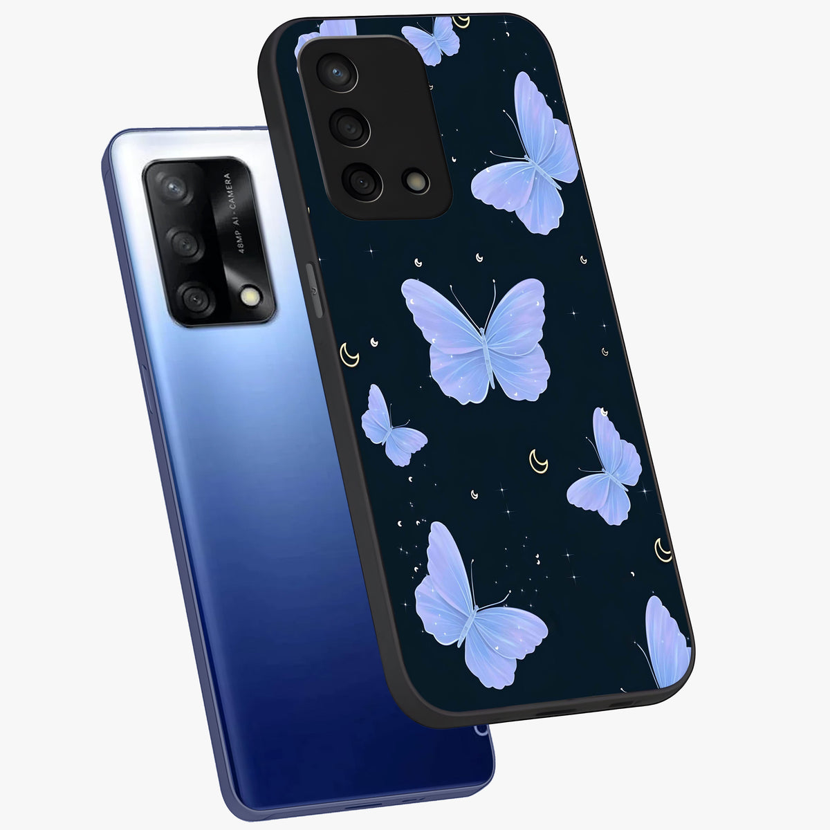 Butterfly With Stars Pattern Glass Case displayed in angled mockup highlighting dreamy butterfly and star design with aesthetic theme.