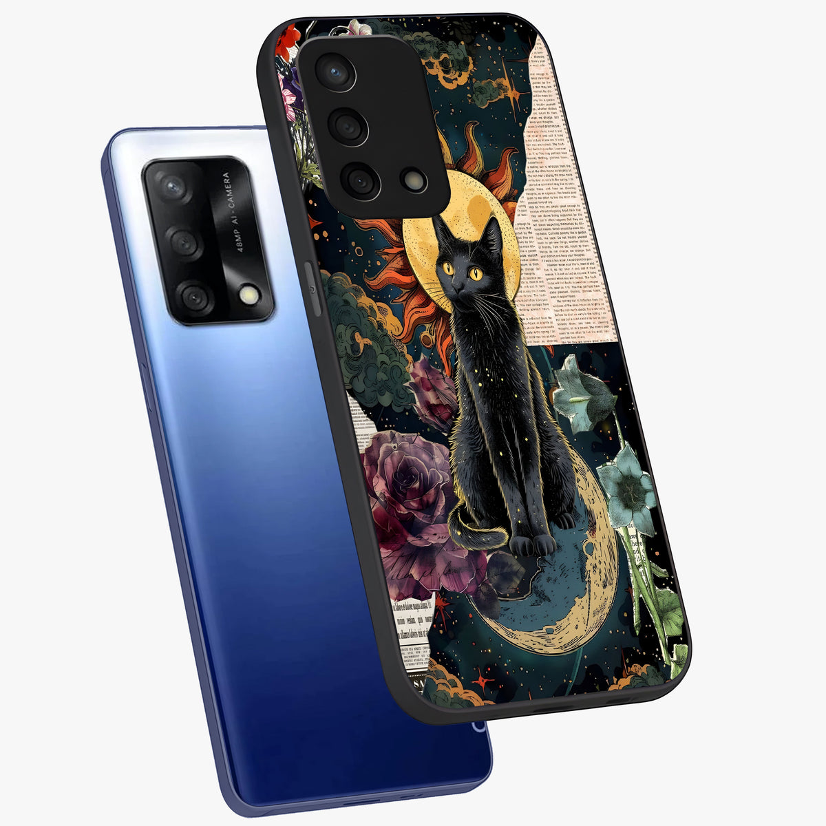 Celestial Black Cat Glass Case displayed in angled mockup highlighting cosmic black cat design with celestial aesthetic.
