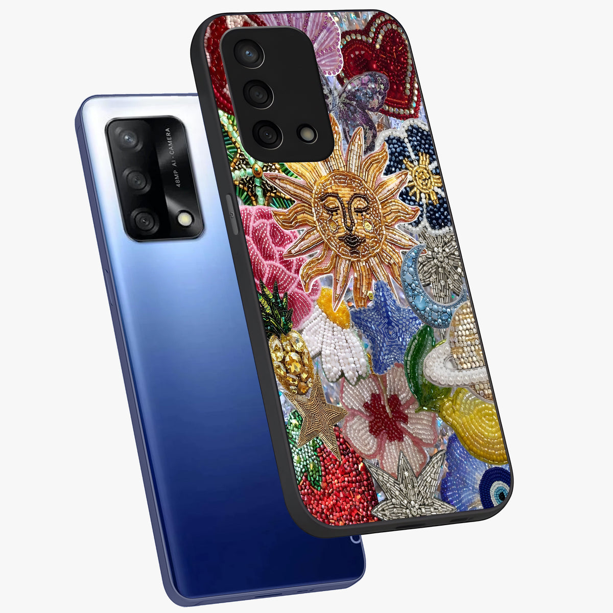Celestial Floral and Playful Glass Case displayed in angled mockup highlighting playful floral design with dreamy celestial elements.