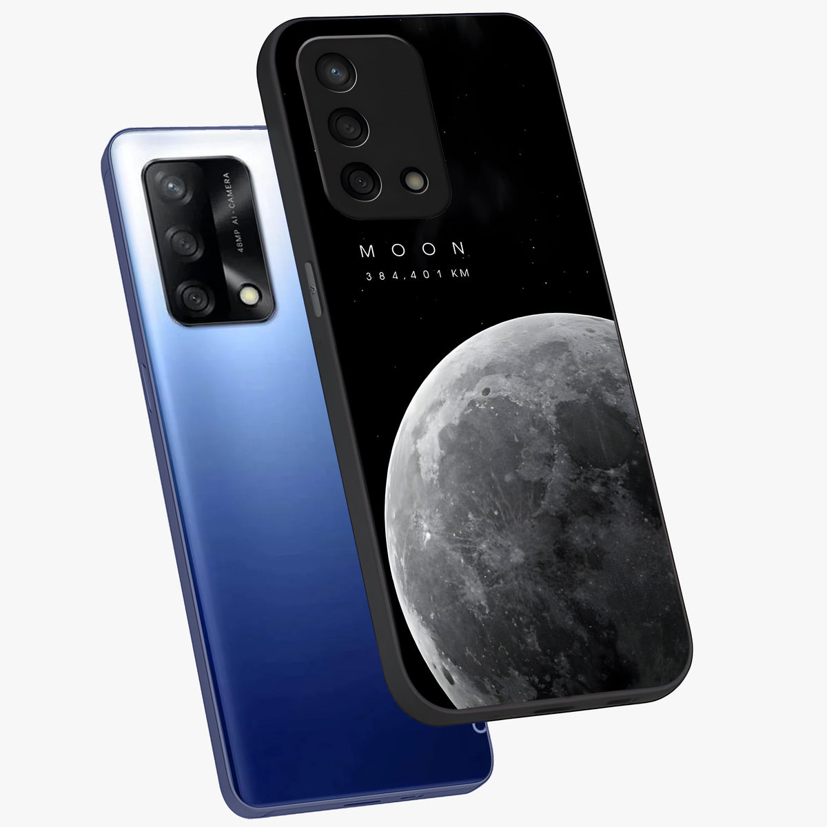 Cosmic Moon Glow Glass Case displayed in angled mockup highlighting celestial moon design with cosmic aesthetic theme.