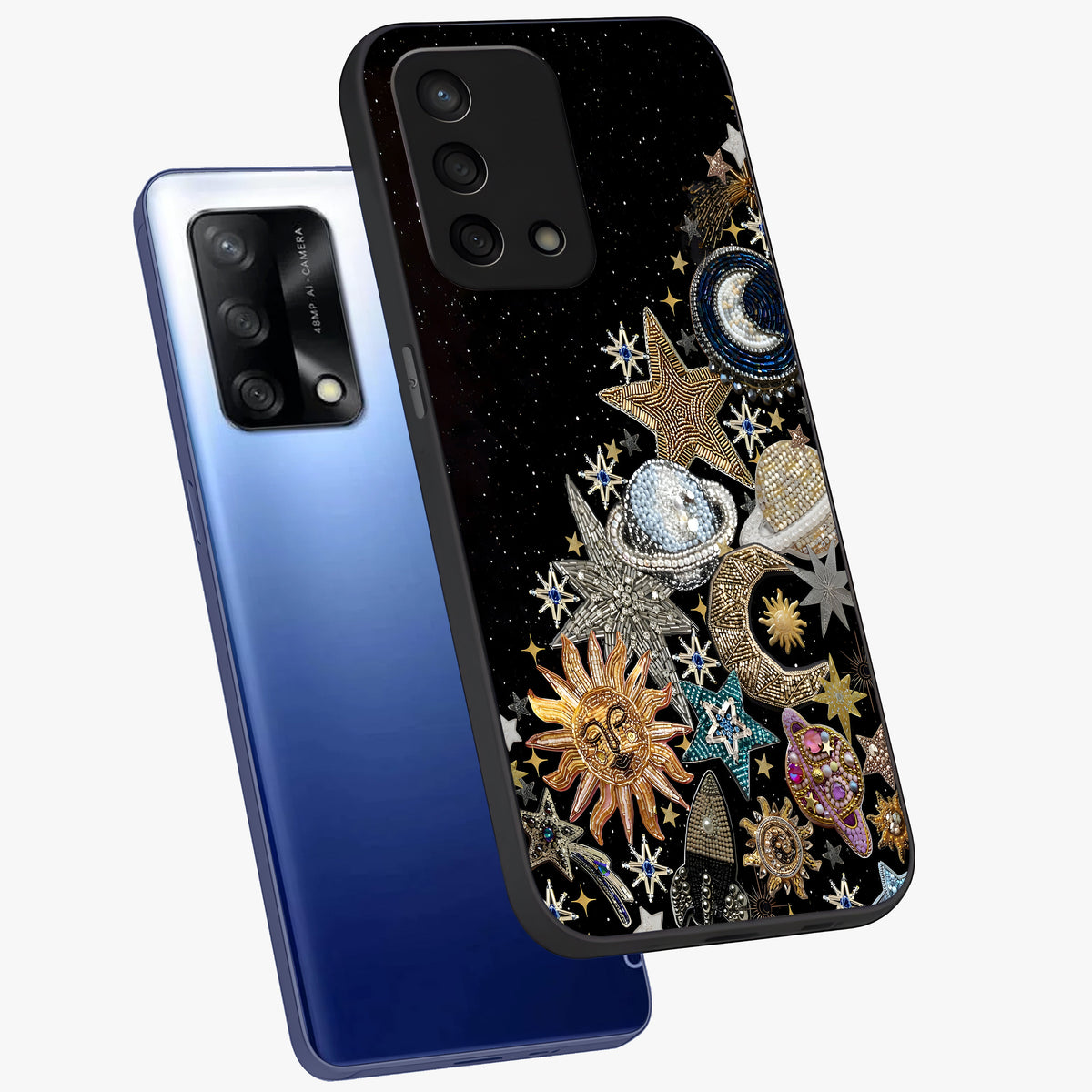 Cosmic Sparkle Dreams Glass Case displayed in angled mockup highlighting dreamy star sparkle design with celestial aesthetic.