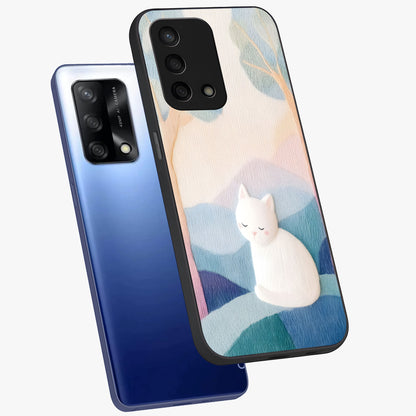 Cotton Dream Cat Glass Case displayed in angled mockup highlighting cute feline illustration with pastel aesthetic style.
