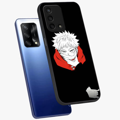 Crimson Chaos Smile Glass Case displayed in angled mockup highlighting edgy crimson smile design with graphic aesthetic.