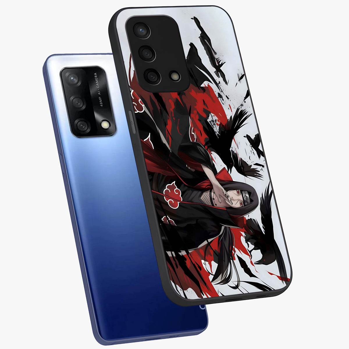 Crimson Crow Illusion Glass Case displayed in angled mockup highlighting mysterious crow graphic with dark aesthetic style.