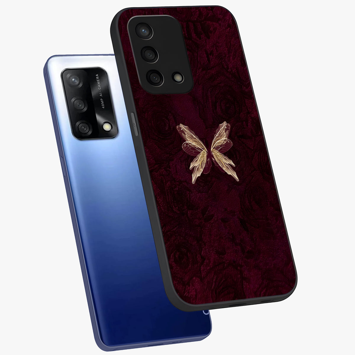 Crimson Fade Butterfly Glass Case displayed in angled mockup highlighting elegant butterfly design with crimson gradient aesthetic.