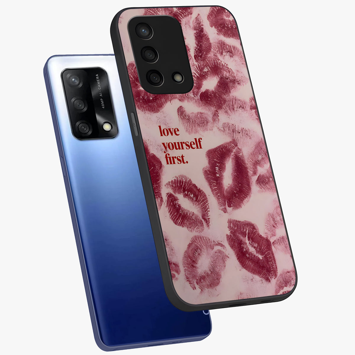 Crimson Kiss Love Glass Case displayed in angled mockup highlighting bold love inspired design with modern aesthetic style.