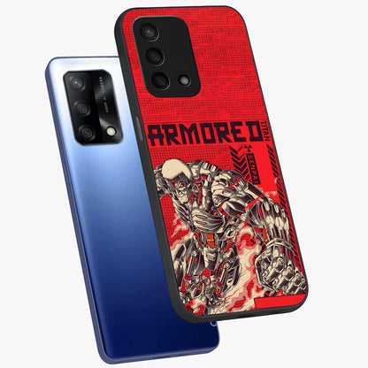 Crimson Mecha Titan Glass Case displayed in angled mockup highlighting futuristic mech illustration with bold crimson aesthetic.