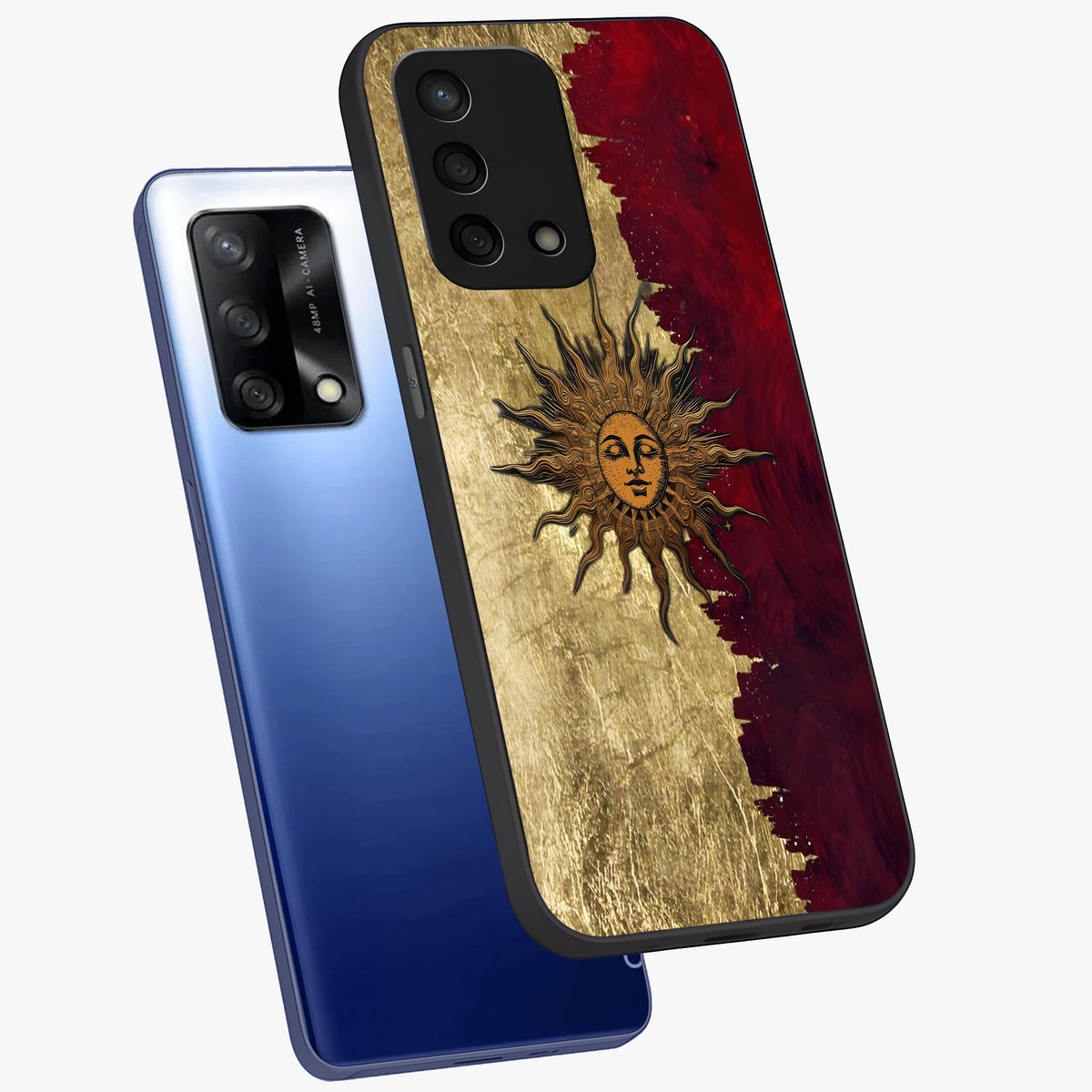 Crimson Sun Majesty Glass Case displayed in angled mockup highlighting majestic crimson sun design with bold aesthetic style.
