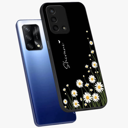 Daisy Cascade Custom Name Glass Case displayed in angled mockup highlighting delicate daisy artwork with custom name feature.