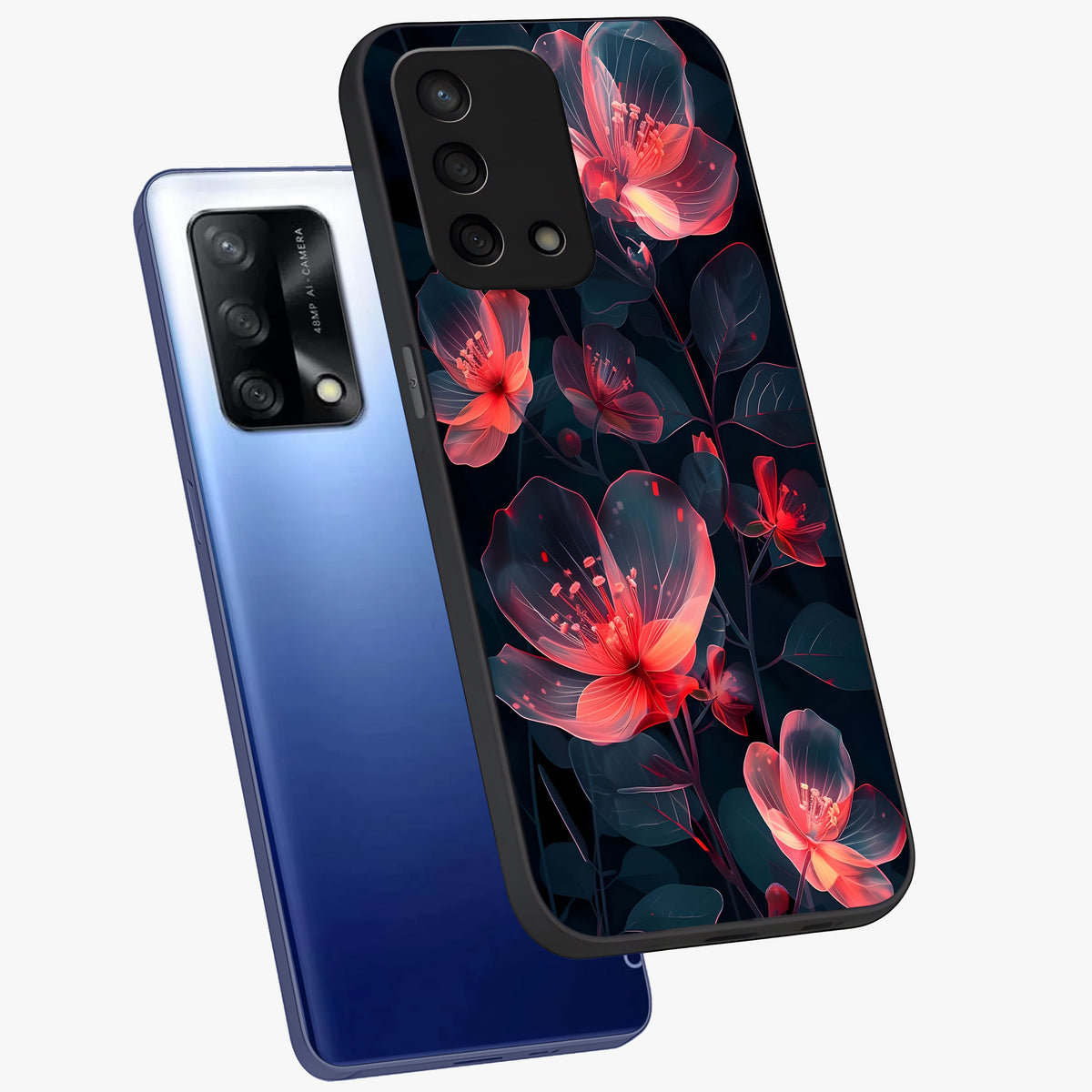 Dark Shade of Flower Glass Case displayed in angled mockup highlighting moody floral illustration with aesthetic dark tones.