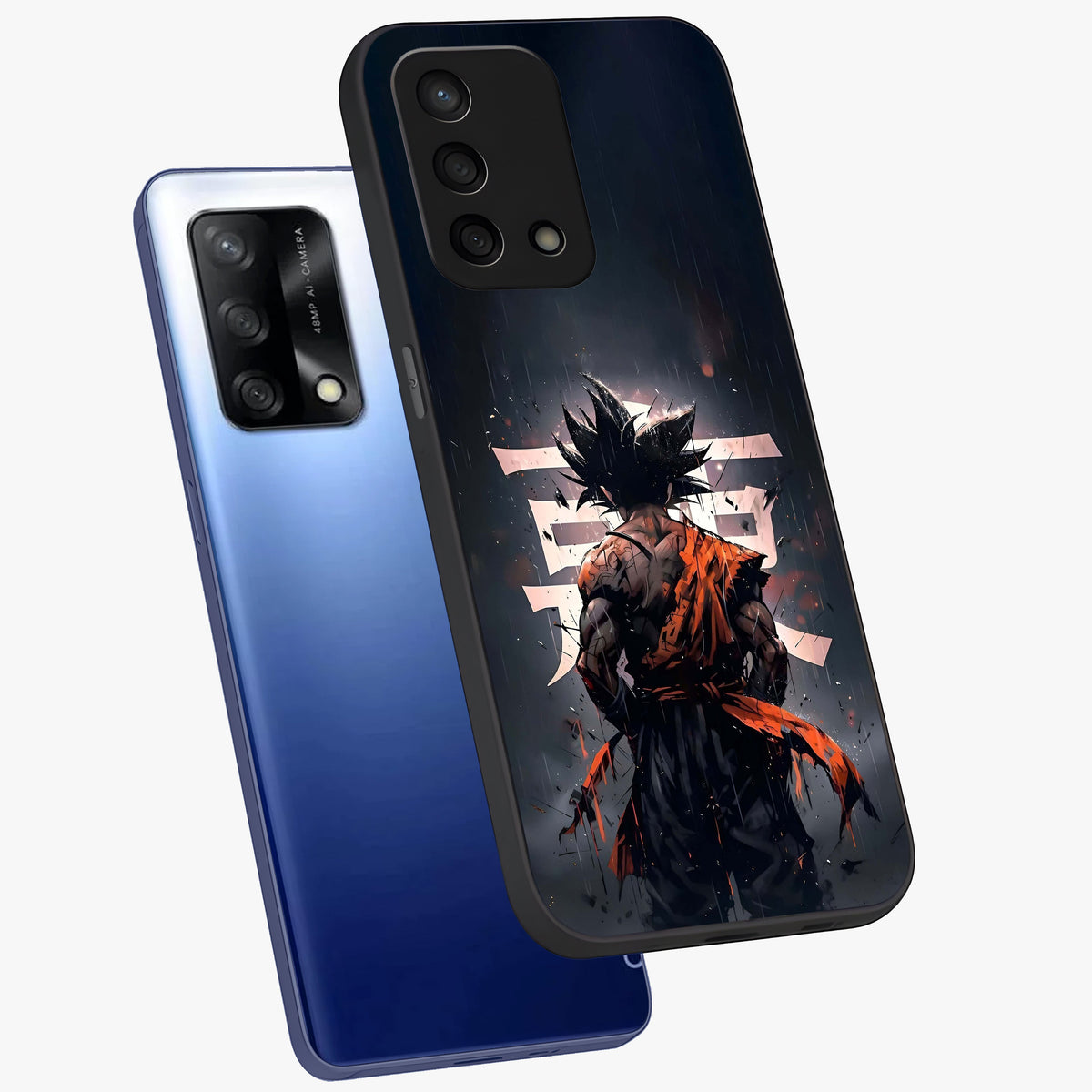 Dark Warrior In Rain Glass Case displayed in angled mockup highlighting dramatic warrior illustration with dark rain aesthetic.