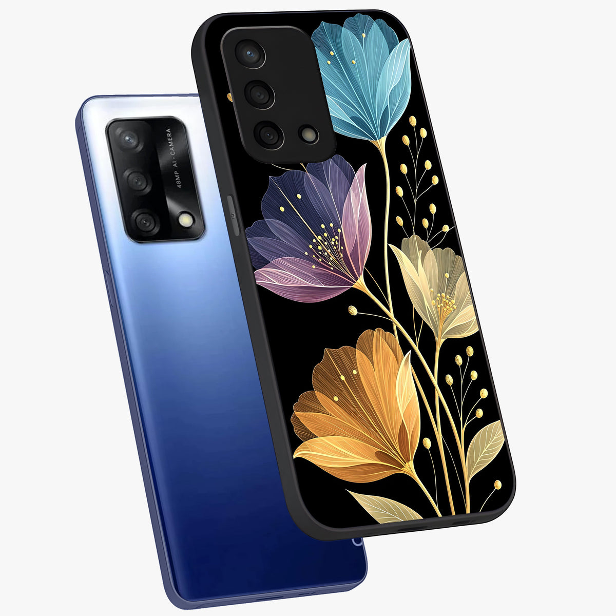 Delicate Multicolor Flowers Glass Case displayed in angled mockup highlighting colorful flower pattern with soft aesthetic style.