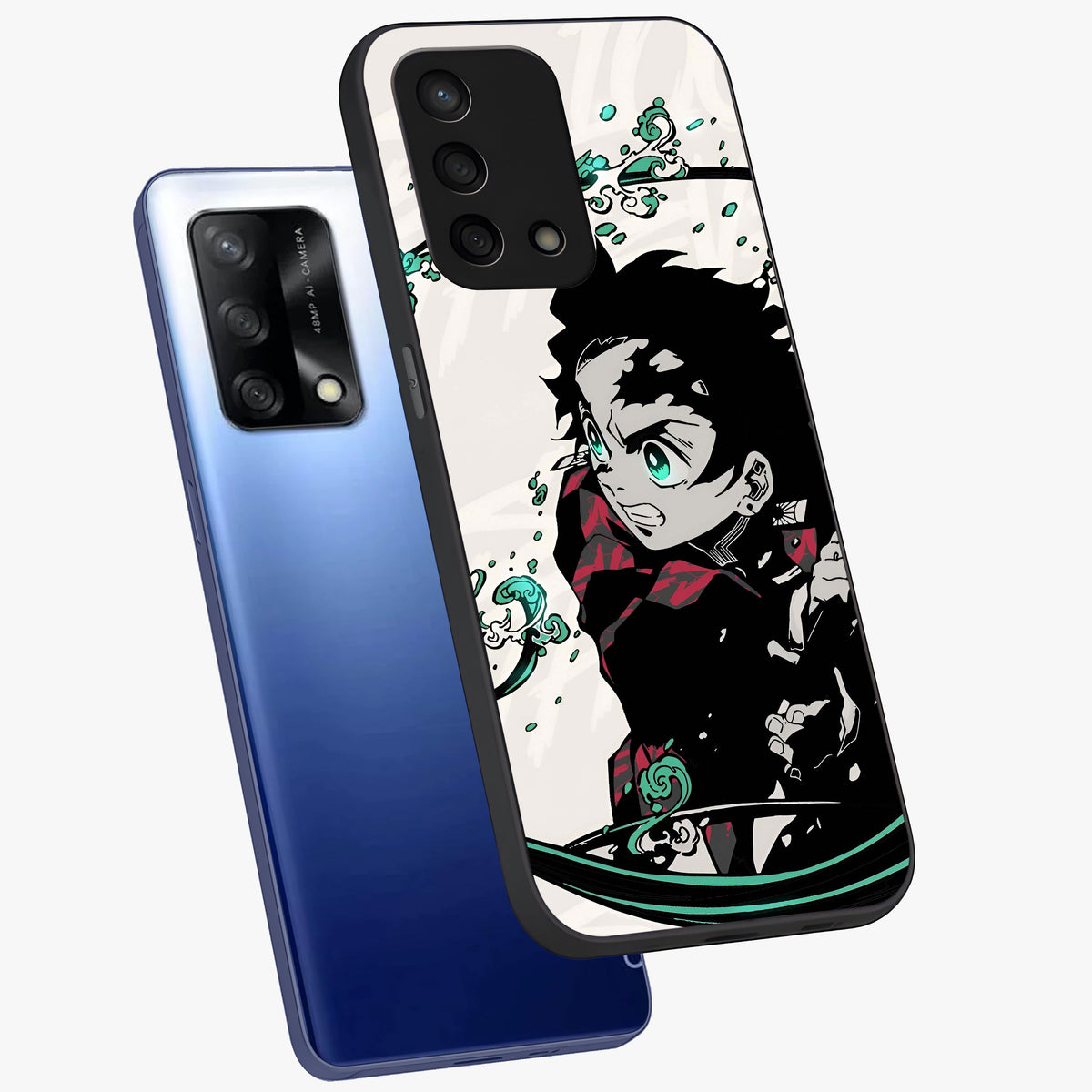 Demon Slayer Glass Case displayed in angled mockup highlighting dramatic anime character design with action aesthetic.