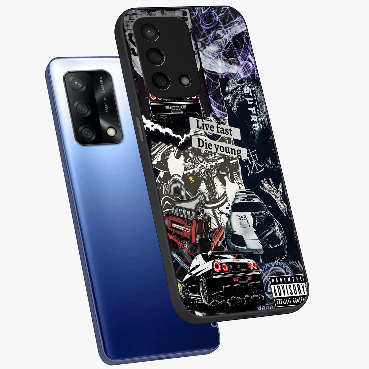 Die Young Glass Case displayed in angled mockup highlighting expressive graphic artwork with edgy aesthetic style.