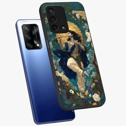 Divine Krishna Art Glass Case displayed in angled mockup highlighting spiritual Krishna illustration with devotional aesthetic.