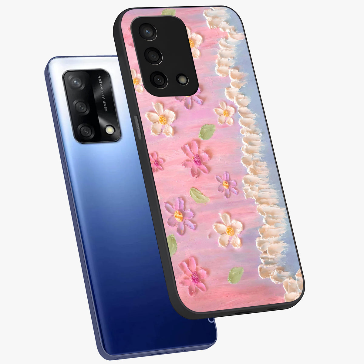 Dreamy Painted Garden Glass Case displayed in angled mockup highlighting colorful garden illustration with dreamy aesthetic style.
