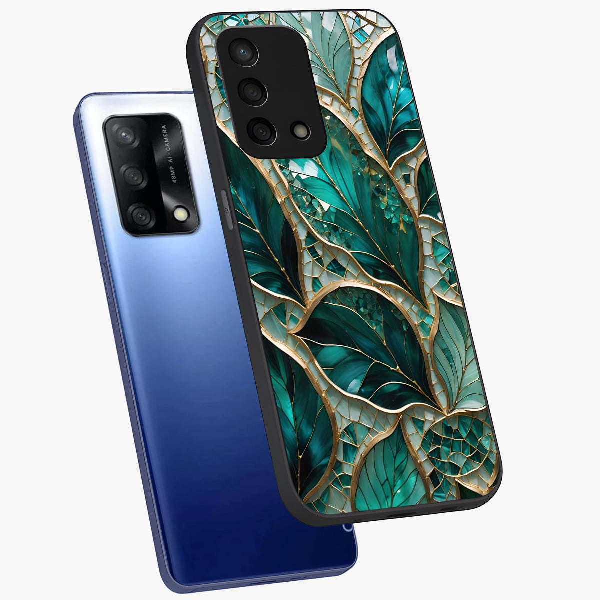 Emerald Leaf Glass Glass Case displayed in angled mockup highlighting botanical leaf illustration with elegant natural aesthetic.