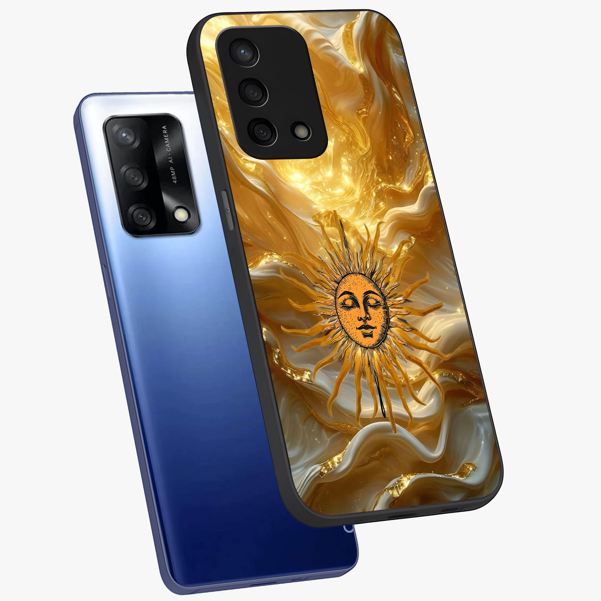 Eternal Golden Glow Glass Case displayed in angled mockup highlighting glowing golden aesthetic design with elegant style.
