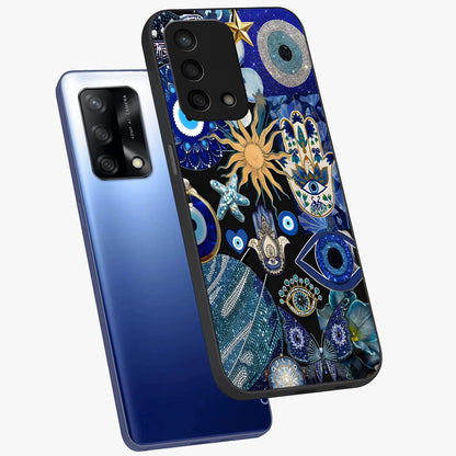 Evil Eye Charm Mix Glass Case displayed in angled mockup highlighting protective evil eye symbols with spiritual aesthetic design.