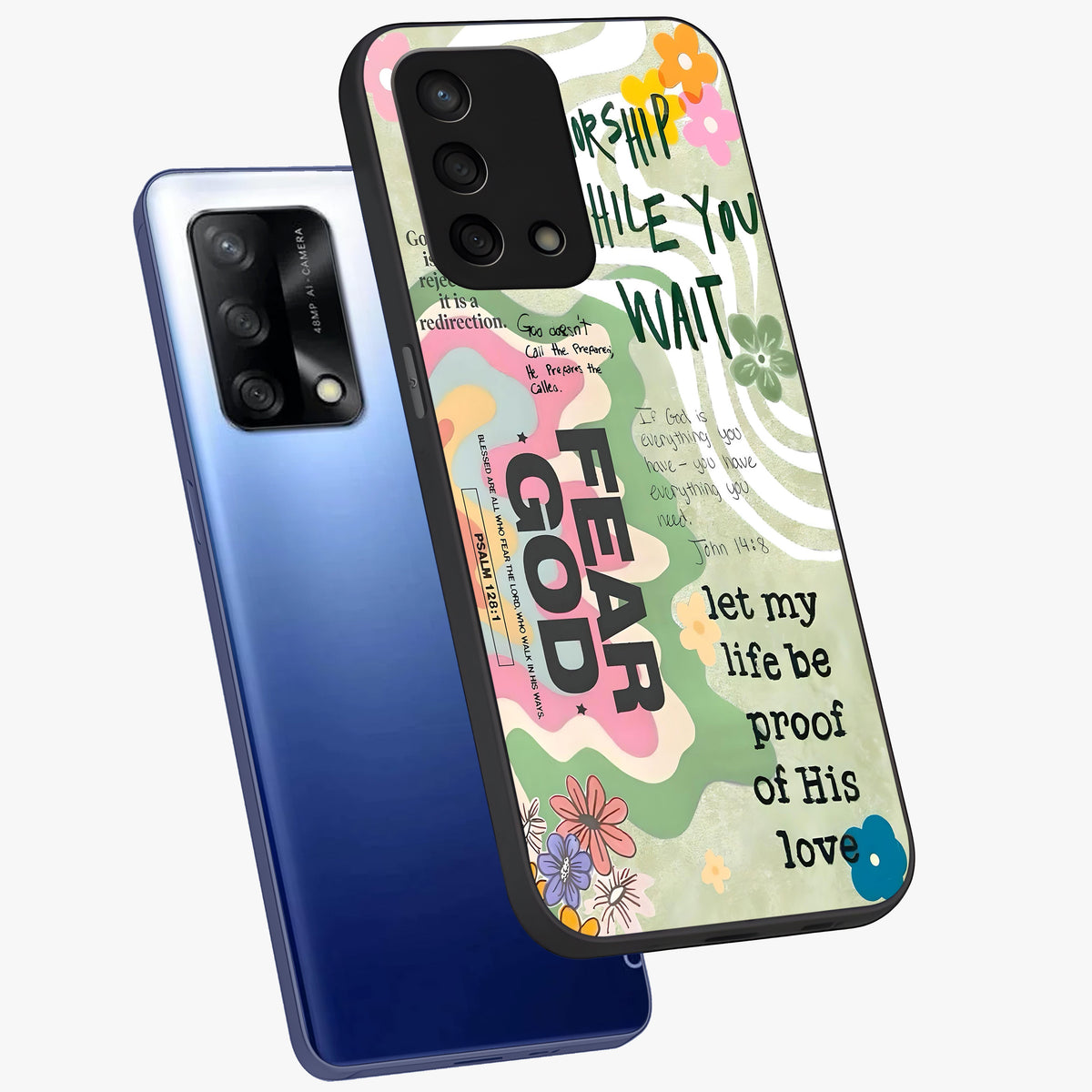 Faith Over Fear Glass Case displayed in angled mockup highlighting inspirational message design with modern aesthetic style.