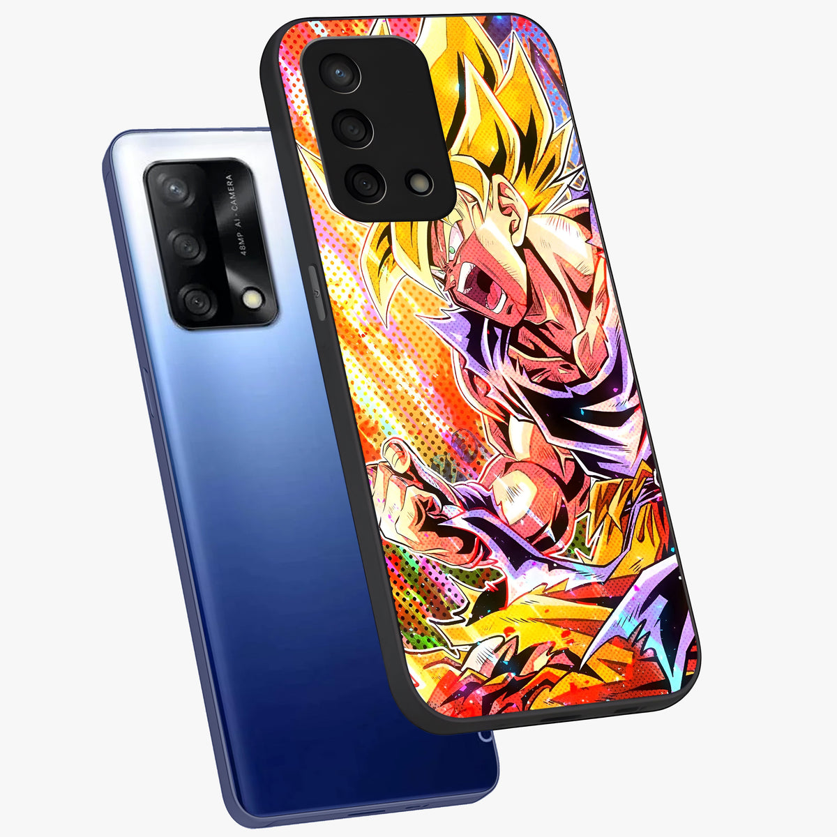 Firing Goku Glass Case displayed in angled mockup highlighting dynamic anime character design with action aesthetic.
