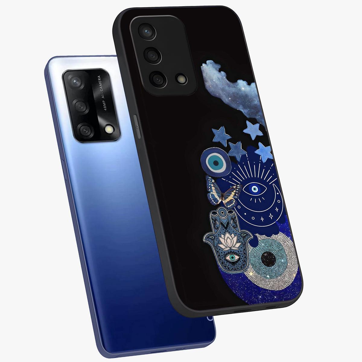 Galactic Charm Cluster Glass Case displayed in angled mockup highlighting luminous galaxy inspired design with dreamy aesthetic.