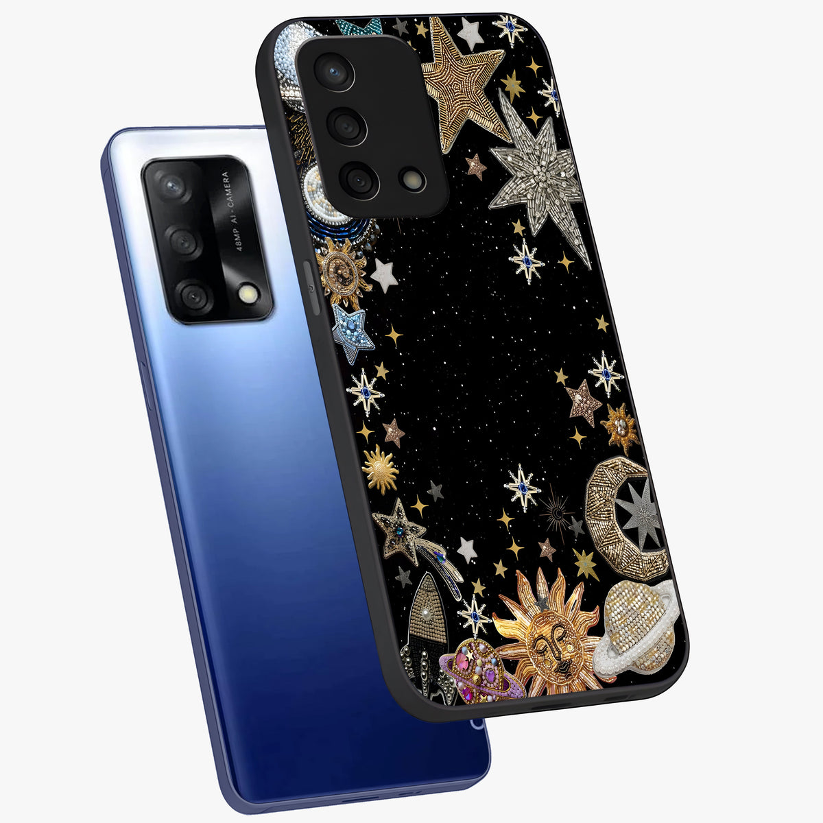 Galactic Jewel Stars Glass Case displayed in angled mockup highlighting shining celestial star design with cosmic aesthetic style.
