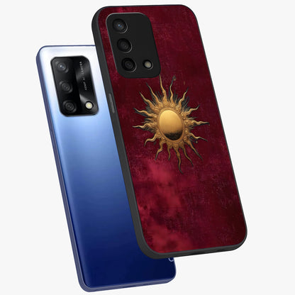 Golden Sun Minimalism Glass Case displayed in angled mockup highlighting clean sun symbol design with modern minimal aesthetic.