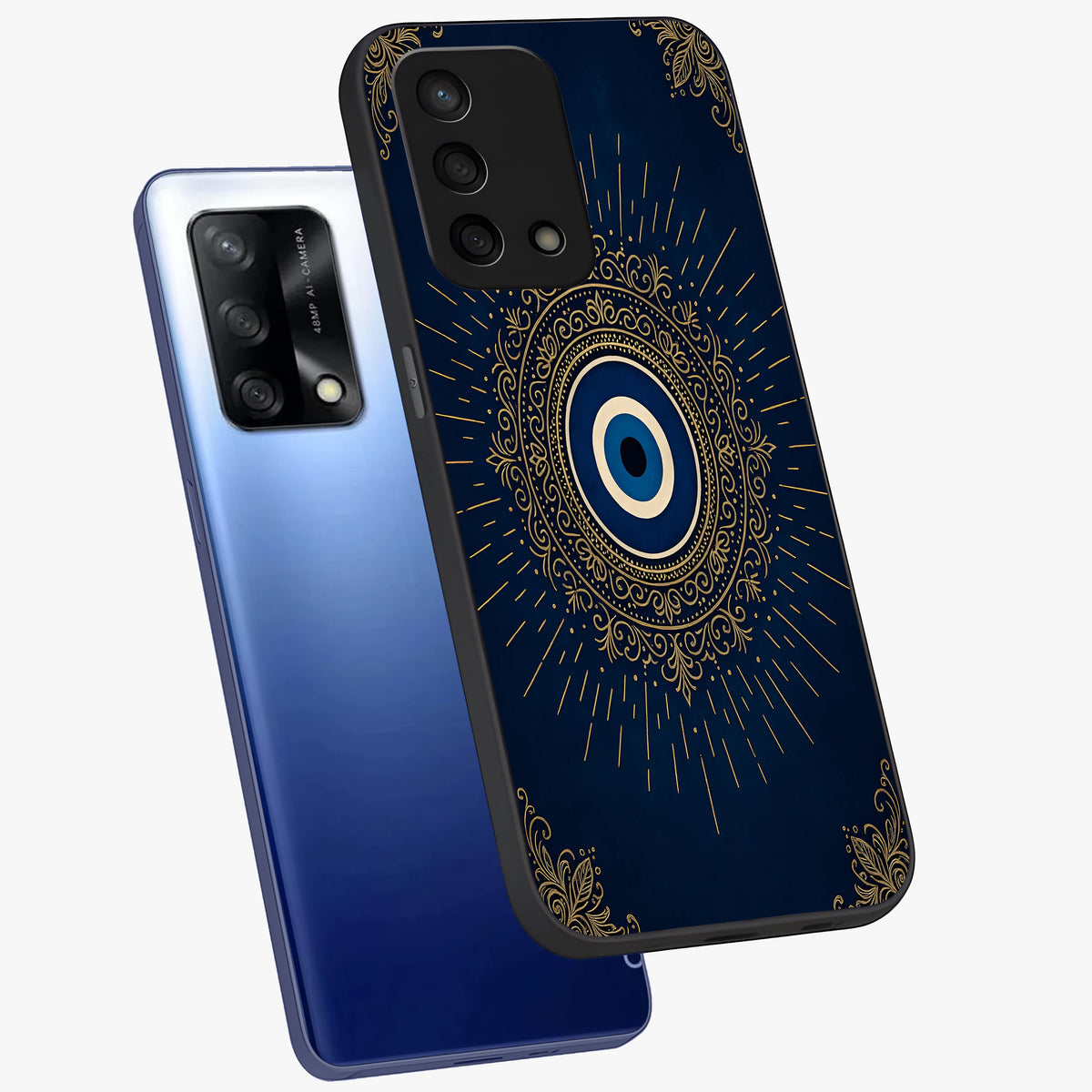 Golden Celestial Charm Glass Case displayed in angled mockup highlighting sparkling cosmic charm design with celestial aesthetic.