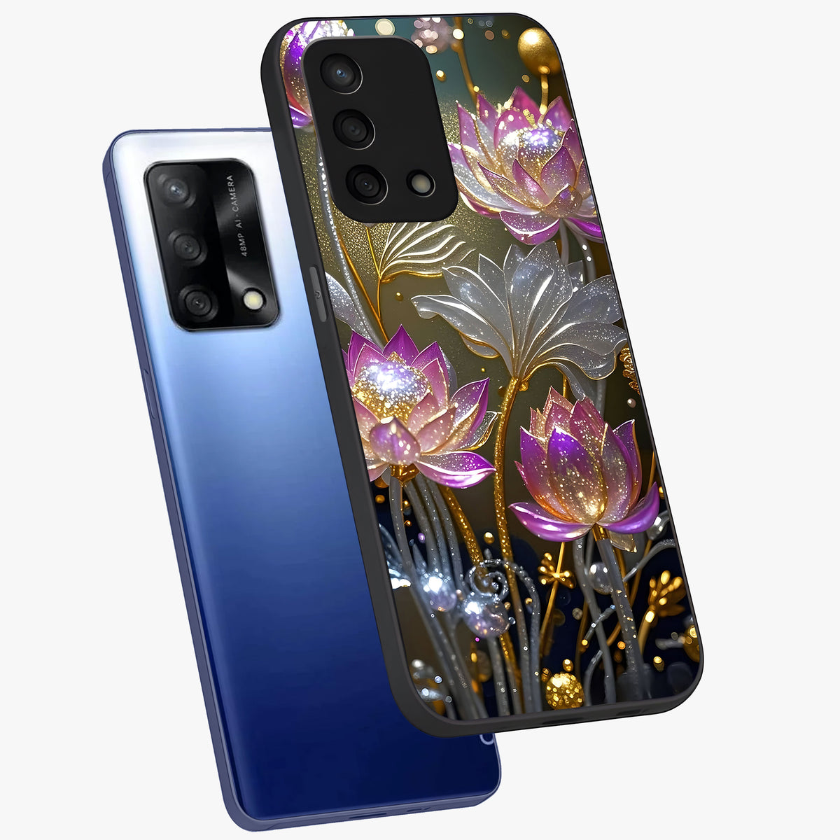 Golden Floral Majesty Glass Case displayed in angled mockup highlighting elegant flower design with royal golden aesthetic.