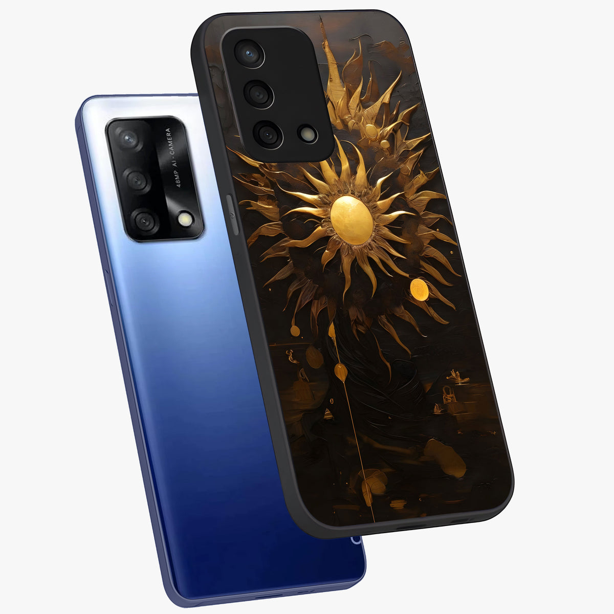 Golden Sun Majesty Glass Case displayed in angled mockup highlighting eerie shadow illustration with gothic aesthetic.