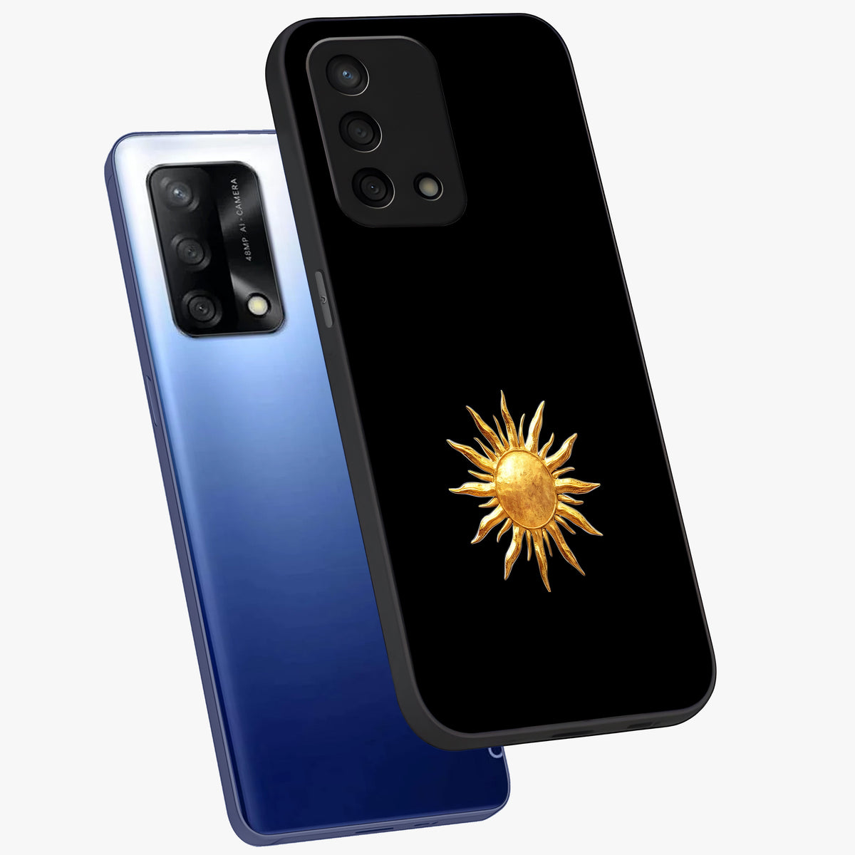 Golden Sun Minimalism Glass Case displayed in angled mockup highlighting eerie shadow illustration with gothic aesthetic.
