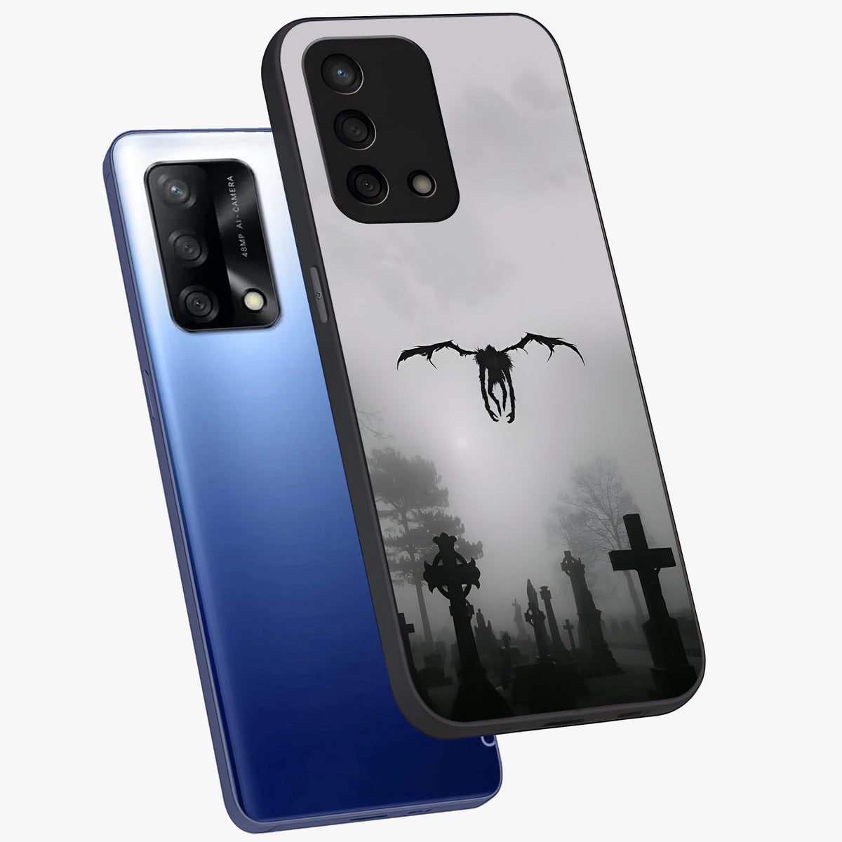 Graveyard Shadow Descent Glass Case displayed in angled mockup highlighting eerie shadow illustration with gothic aesthetic.
