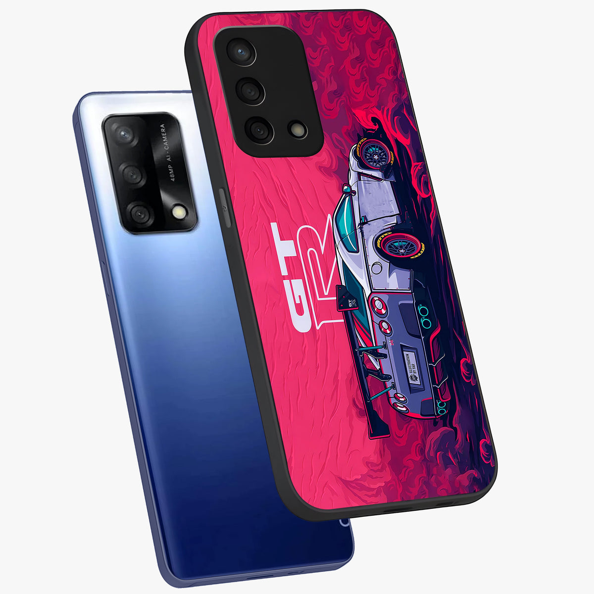GT-R Car Pattern Glass Case displayed in angled mockup highlighting racing car graphic design with bold automotive aesthetic.