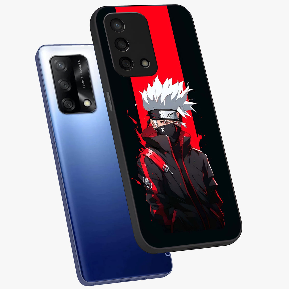 Kakashi Scarlet Shadow Glass Case displayed in angled mockup highlighting dramatic ninja illustration with scarlet themed aesthetic.