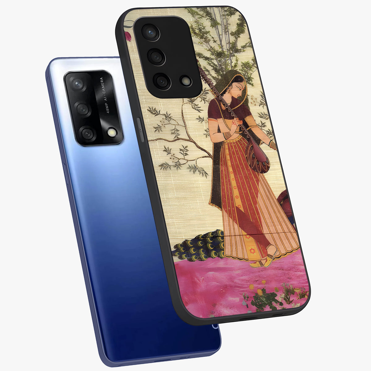 Lady With Veena Art Glass Case displayed in angled mockup highlighting graceful musical illustration with cultural artistic aesthetic.