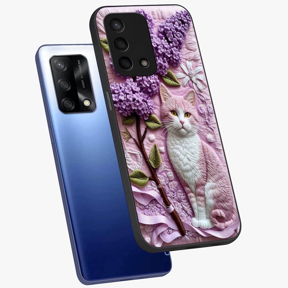 Lavender Cat Whimsy Glass Case displayed in angled mockup highlighting playful feline illustration with pastel lavender aesthetic.