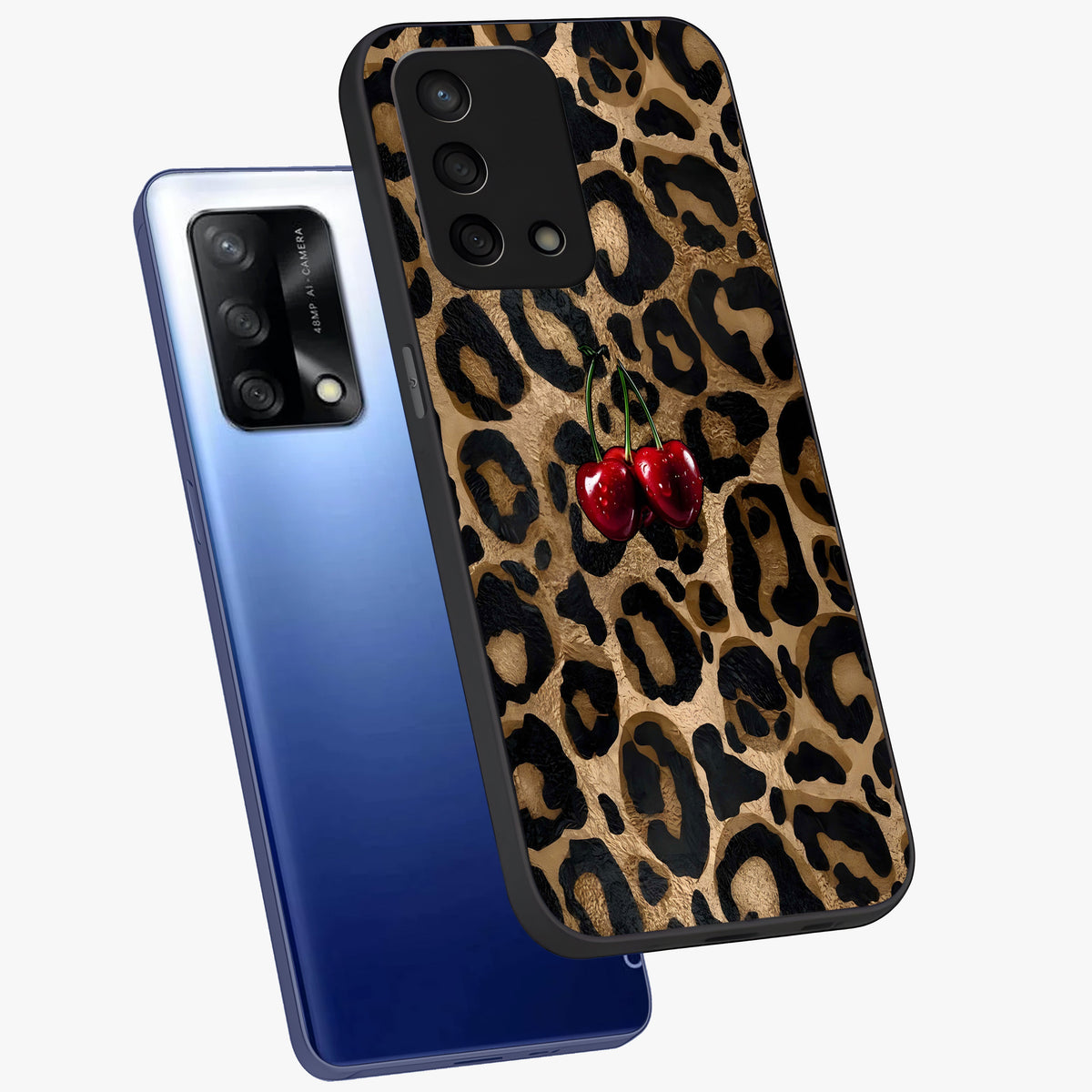 Leopard Wild Cherry Glass Case displayed in angled mockup highlighting bold animal print design with playful cherry aesthetic.