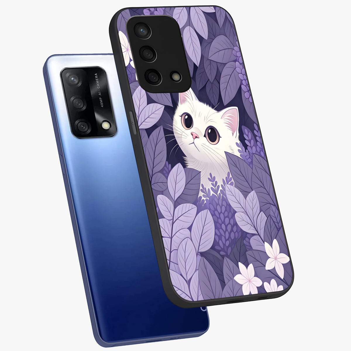 Lilac Hide Peek Cat Glass Case displayed in angled mockup highlighting playful feline illustration with lilac aesthetic design.