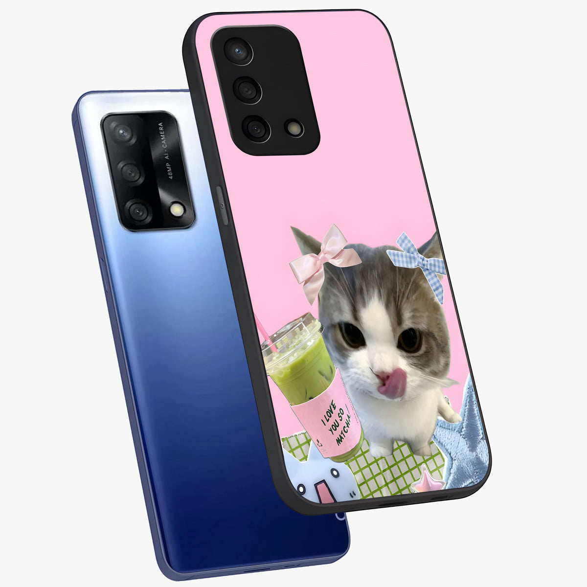 Love Matcha Cat Glass Case displayed in angled mockup highlighting playful feline illustration with cozy matcha aesthetic.