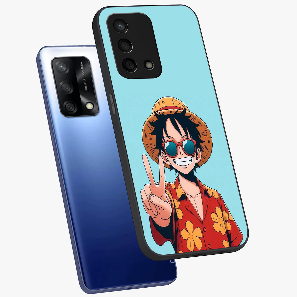 Luffy Summer Anime Vibe Glass Case displayed in angled mockup highlighting energetic anime illustration with summer vibe aesthetic.