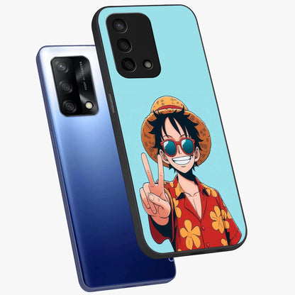 Luffy Summer Anime Vibe Glass Case displayed in angled mockup highlighting energetic anime illustration with summer vibe aesthetic.