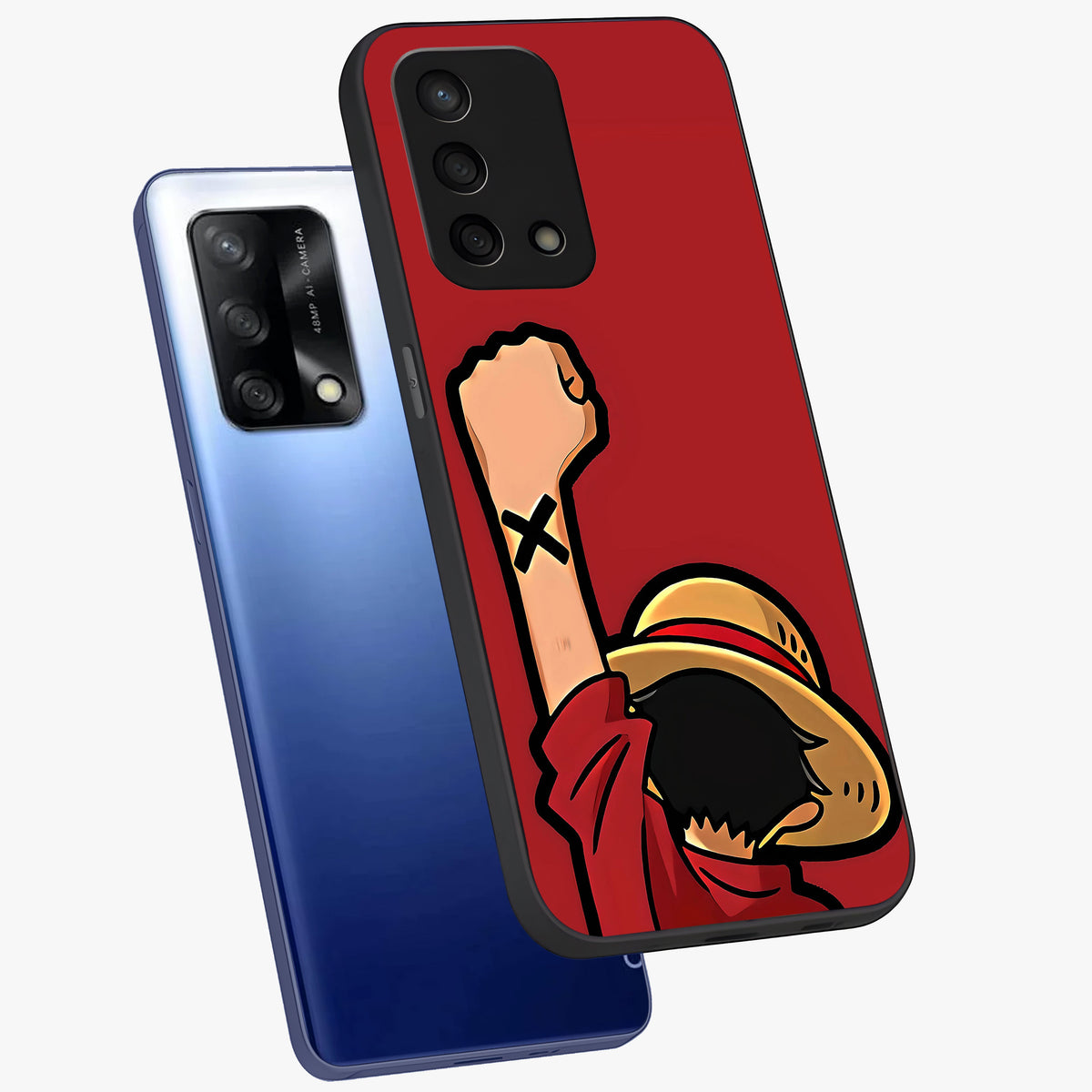Luffy X Spirit Glass Case displayed in angled mockup highlighting powerful anime design with energetic action aesthetic.
